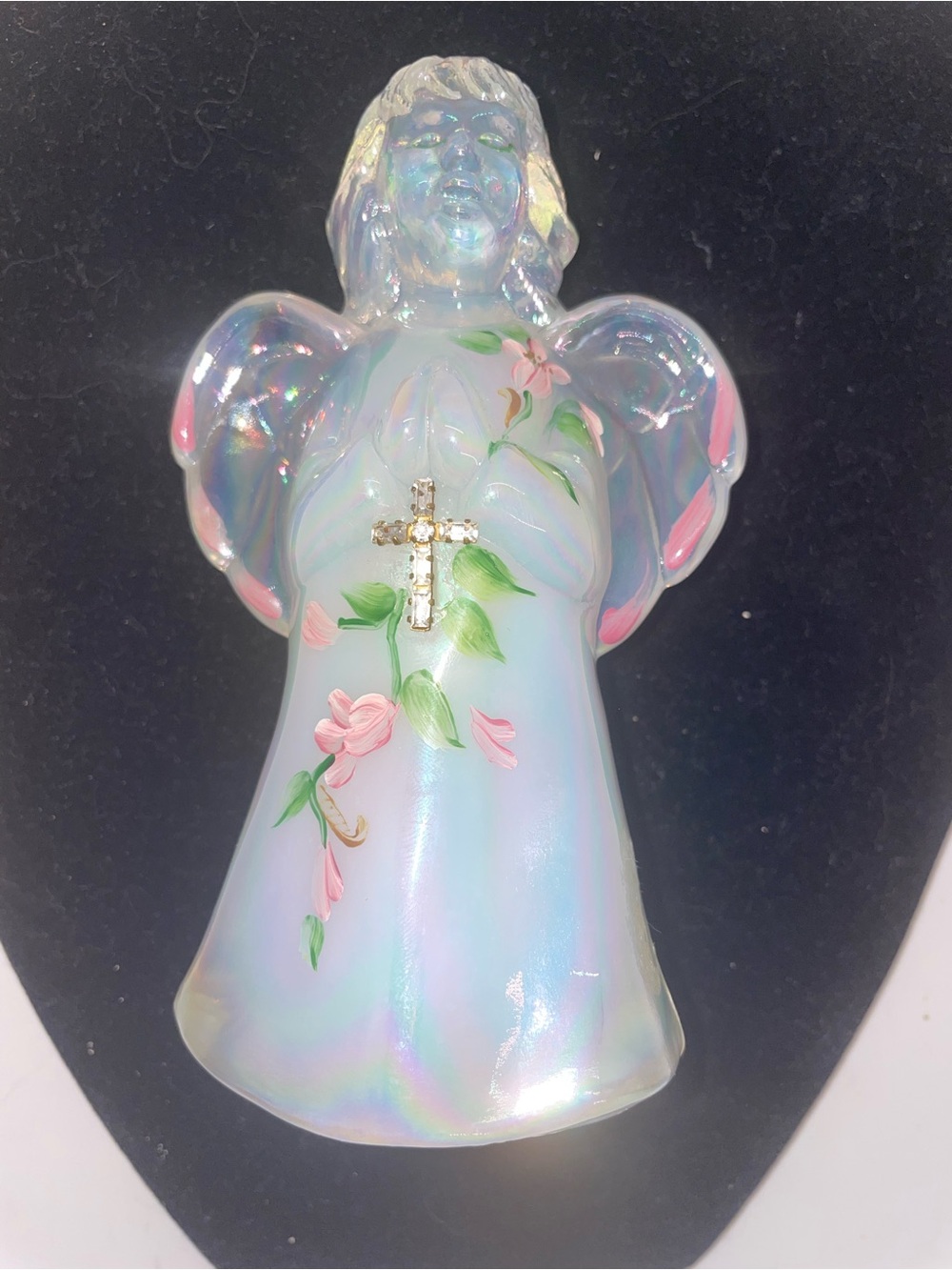 Fenton Opalescent Angel Jeweled Cross Hand Painted Signed Figurine Religious